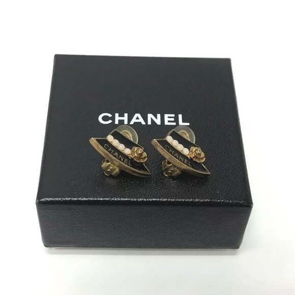 Auth  CHANEL Hat motif 02A Earrings Gold Plated Black/GoldHardware - Picture 1 of 8
